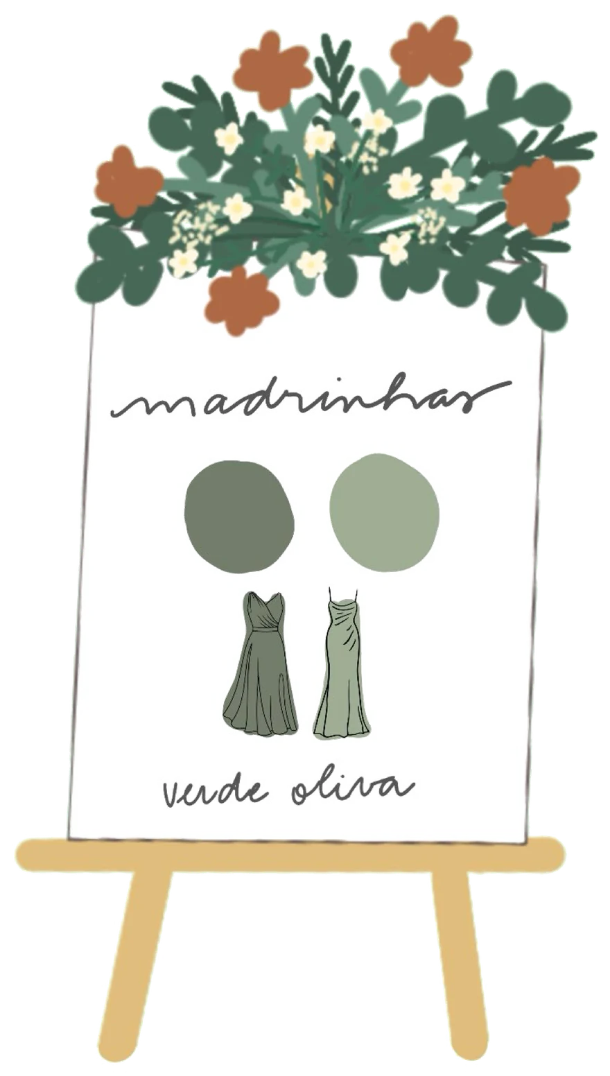 Cartaz do casamento: madrinhas, verde oliva. Dois tons de verde e dois modelos de vestido longo.