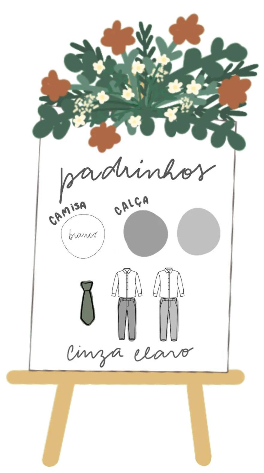 Cartaz do casamento: padrinhos. Camisa branca, calça cinza claro e gravata verde oliva.